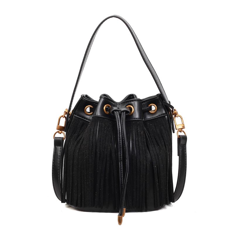 

Fashi Exquisite Tassel Solid Faux Suede Bucket Shoulder & Crossbody Bags 2026 New String Persality Classic Women s Handbags чёрный