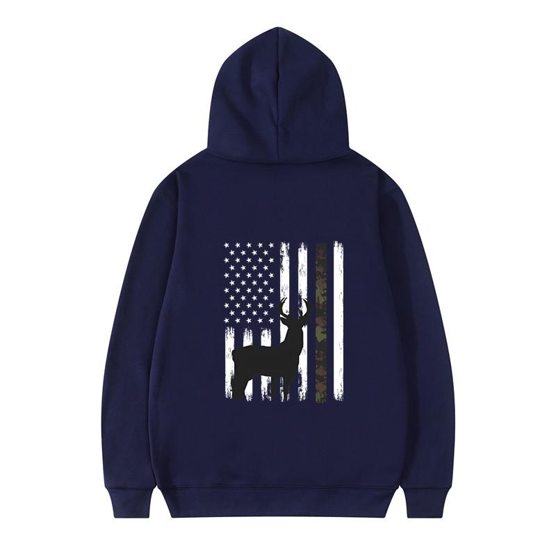 White Tailed Deer Hunting Hunter Gift Bucks Camouflage American Flag Pullover Men's Back Printed Fashionable Casual Hoodie