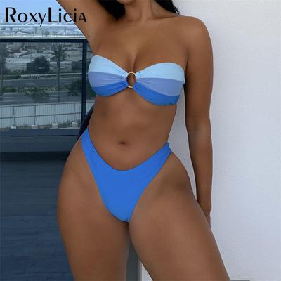 Sexy Splicing Bandeau Bikiny se středním pasem Ženy Plavky Dámské Plavky Dvoudílné Bikiny Souprava Koupání Plavky Dámské