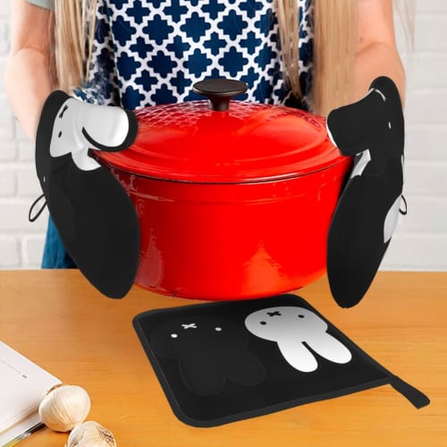 Miffy Heat-Resistant Pot Holders and Oven Mitts, Stylish and Cute Oven Mitts with Anti-Slip Scalding and Anti-Slip Design, Set of 3, Kitchen Mitts, He