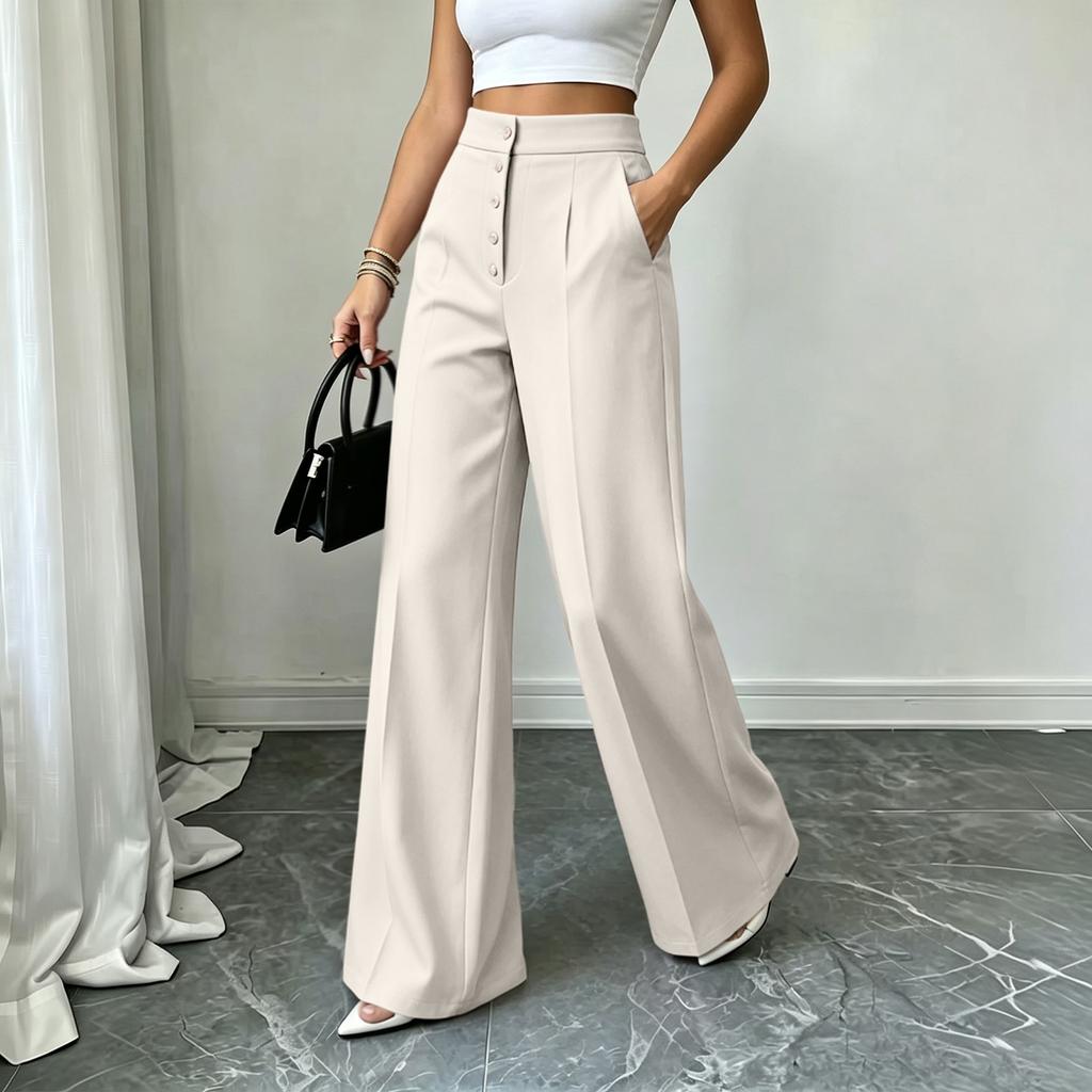 Women's High Wide Leg Pants with Button Pockets Color Casual Trousers for Commute