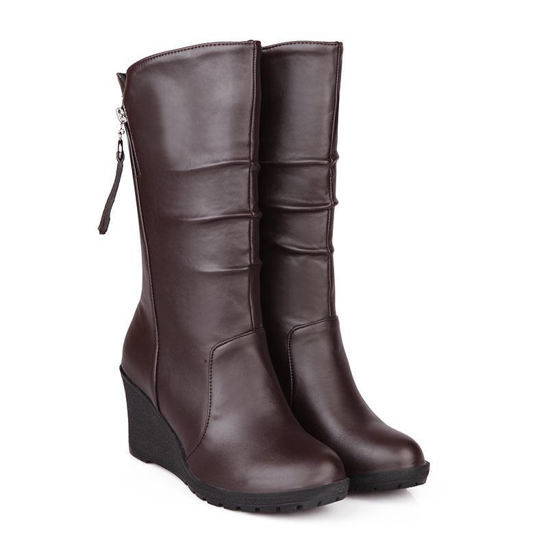 Women's Boots Mid Calf Korean Style Simplicity Casual Boot Wedges Heel Autumn and Winter Side Zipper Knight Boots Women Shoes