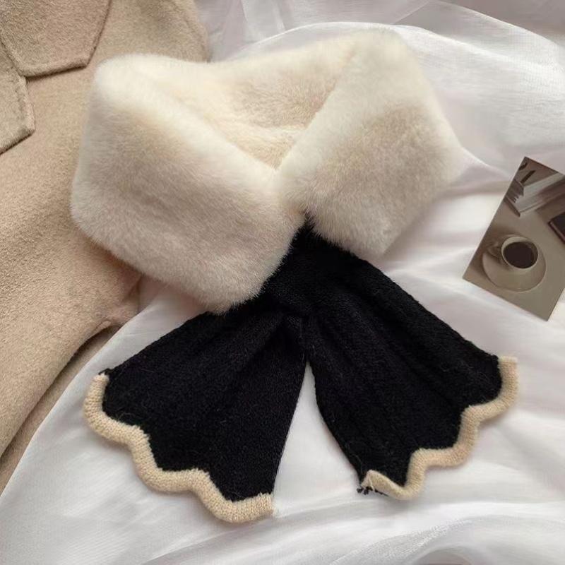 Women Winter Warm Thicken Cross Collar Neck Warmer Solid Color Faux Rabbit Fur Plush Elegant Knitted Shawl Scarfs