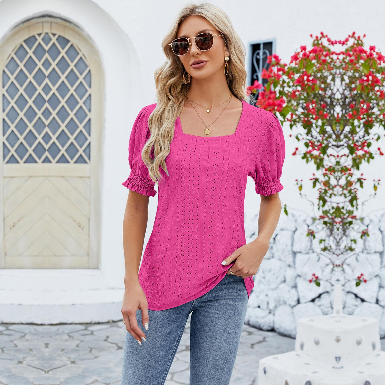 

Женские весенне-летние блузки с жаккардовым квадратным вырезом, однотонный свободный топ с объемными рукавами XXL ярко-розовый