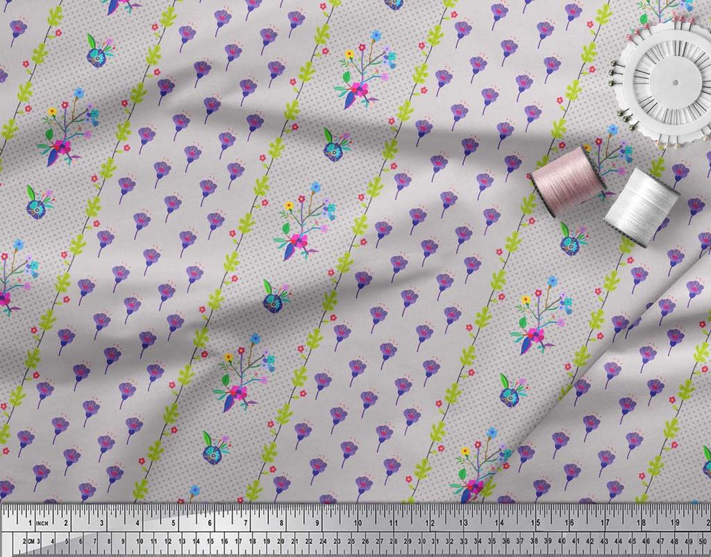 Soimoi Gray Japan Crepe Satin Fabric Stripe & Freesia Floral Print Fabric by Metre 42 Inch