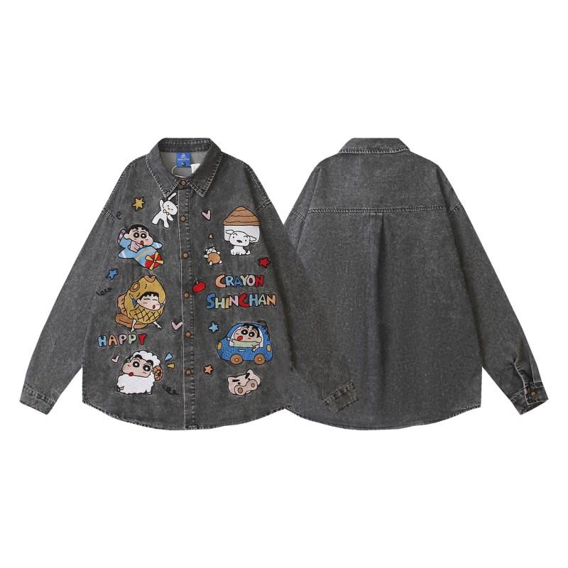 American Retro Cartoon Shinchan Patch Denim Shirt Loose Long Sleeve Casual Jacket Teens