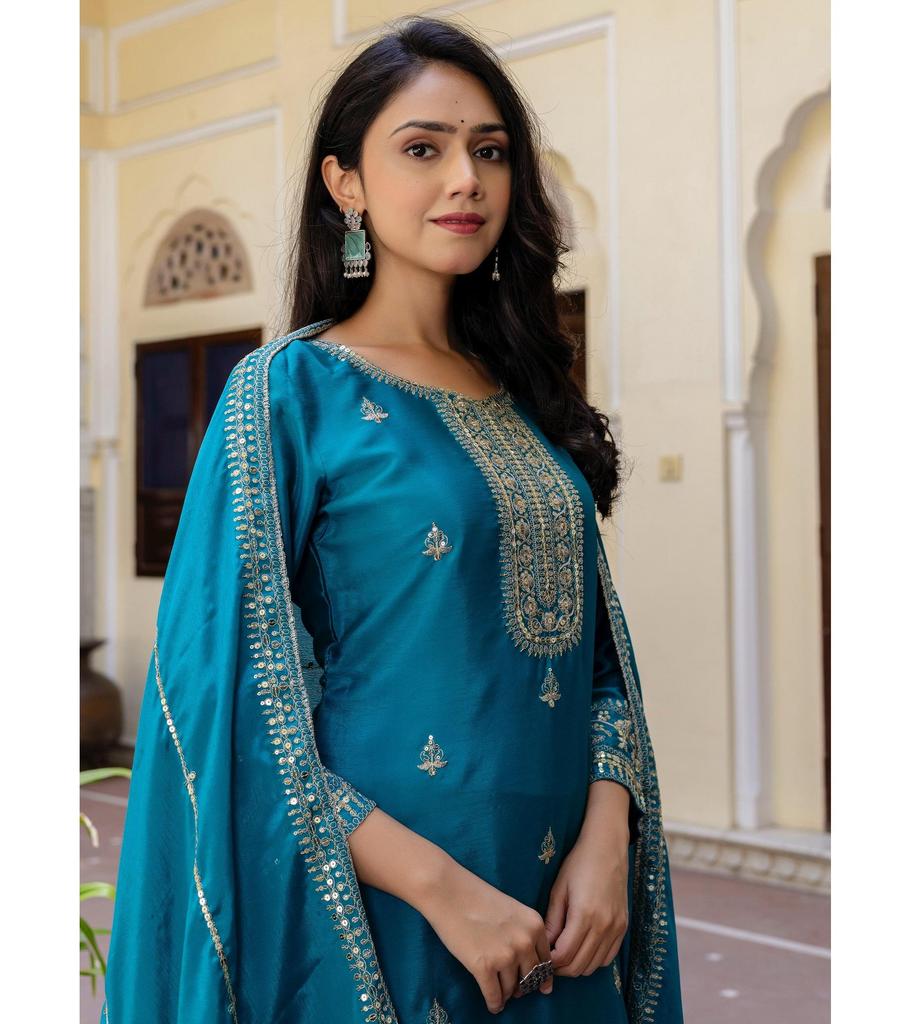 Indian Designer Party Wear Salwar Suit Palazzo Set Women Bollywood Chinon Silk Salwar Kameez