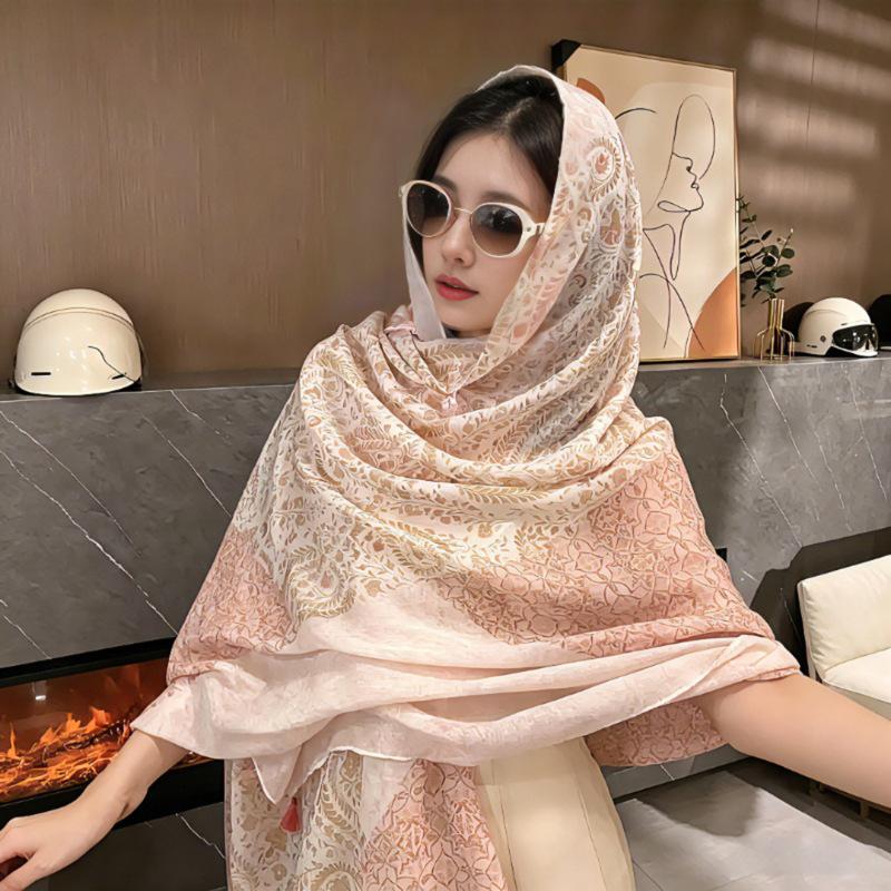Women's Retro Ethnic Silk Scarf with Frog Button Shawl for Sun Protection