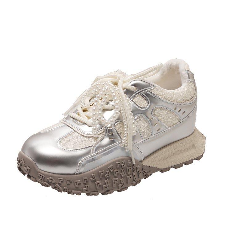 Retro round head niche lace splicing pearl buckle thick sole heightening German training shoes women's new versatile casual Forrest Gump shoes