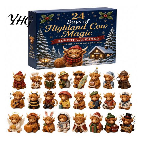 Blind Box Surprise Gift Highland Cow Advent Calendar with 24 Unique Hanging Ornaments for Thanksgiving Christmas Pumpkin Maple Leaf Party Supplies