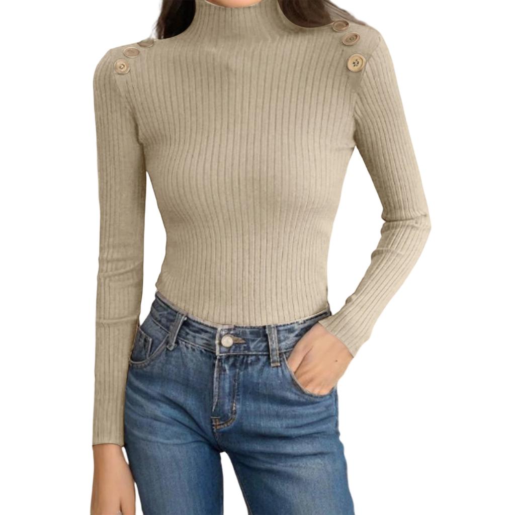 Women's Fashion Slim Button Top Half Turtleneck Knitted Bottoming Shirt