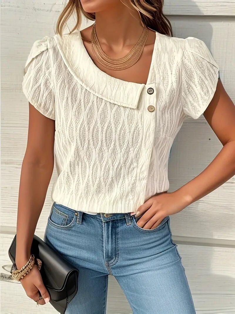 Women S Casual Knit Short Sleeve Asymmetric Collar Top S белый