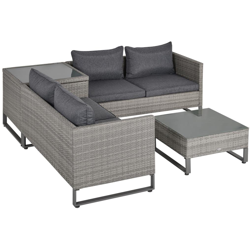 4 Pieces Rattan Garden Furniture Set, 4 Seater Garden Sofa Set with Storage Box, Loveseats and Glass Top Table
