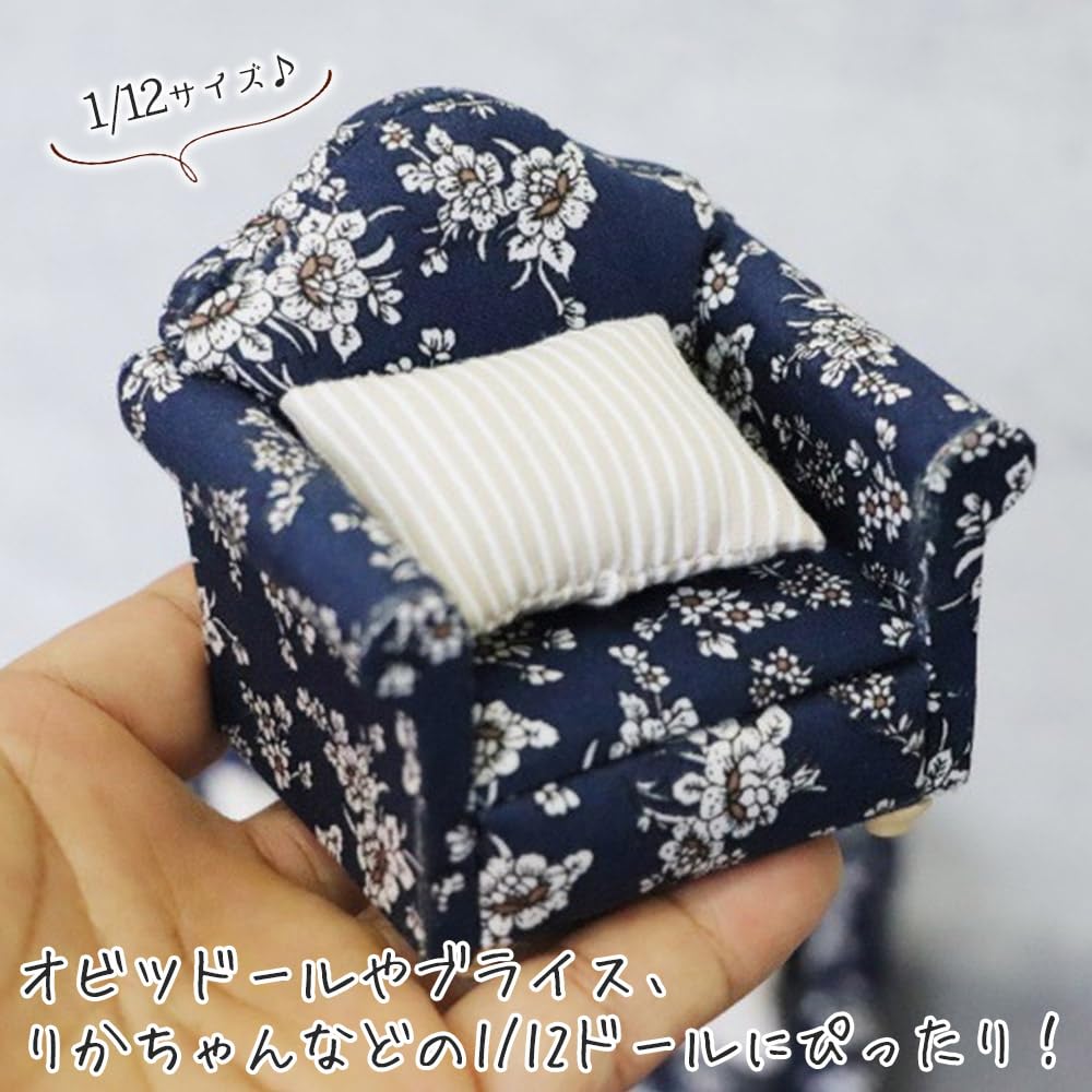 moin moin Miniature Furniture Scale Furniture Sofa 3 Piece Set B Two Seater Single Seater Single Cushion White Blue Floral Pattern Retro Bicolor