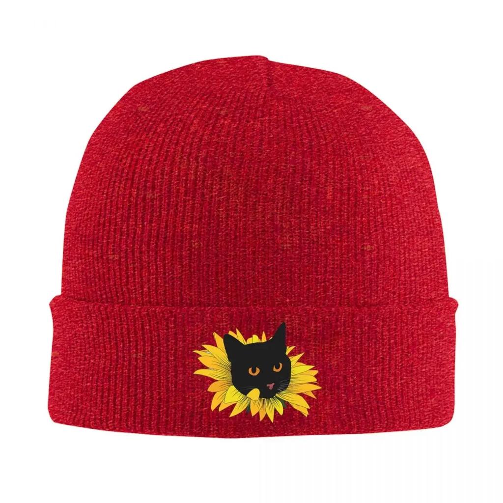 Black Cat Popping Out Of A Sunflower Warm Knitted Cap Fashion Bonnet Hat Autumn Winter Outdoor Beanies Hats for Unisex Adult