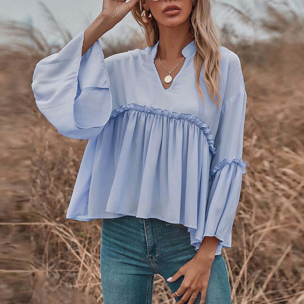Womens Fashion Casual Solid Color V-Neck Flared Sleeve Chiffon Top