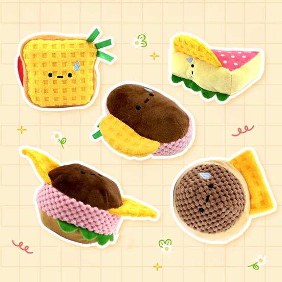 Plyšová hračka pro psy ve tvaru toustu s pískátkem, šustícím papírem, hot dog sendvič, burger, chléb, na prořezávání zubů, čištění, dávkování krmiva, interaktivní