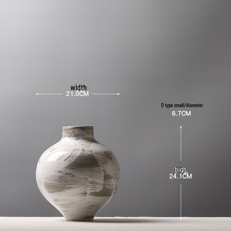 Large Modern Minimalist Chinese Zen White Glazed Art Pottery Vase with Hand-Painted Sweep Stroke Pattern