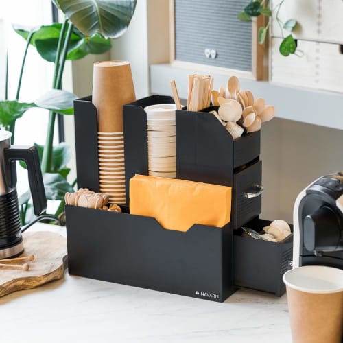 Navaris Organizer Cup Stand, Paper Cup Holder, Cup Dispenser - Coffee Station Storage Drawer, 31x13x28cm, Black