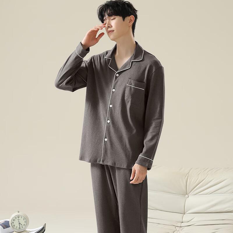 XUEXIMAN Pure Cotton Pajamas for Men, Spring And Autumn Long-Sleeve Lapel Cardigan, Simple Loose-Fitting Men's Skin-Friendly Home Wear Set
