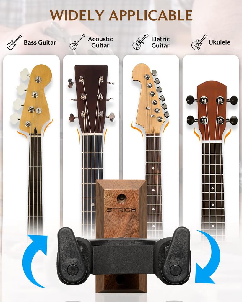 STRICH Guitar Hanger Wall with Suitable for and More of Hooks, Mount, Auto-Locking, Screws, Guitars, Basses, Ukuleles, (Set 3)