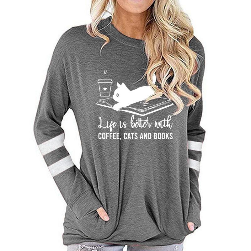Long Sleeve T-shirt Women Books Lovers Tops Tees Life Is Better with Coffee Cat and Books Print Women Tshirt