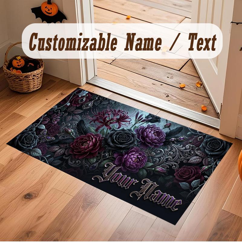 Floral Garden Theme Soft Crystal Velvet Rug Custom Name & Text Print Non Slip Floor Rug for Bedroom Living Room
