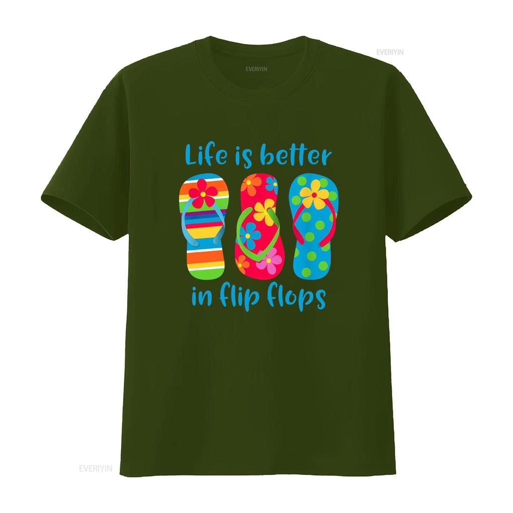 Funny Cartoon Summer Beach Flip Flops Life Is Better Slogan Print Casual T Shirt vintage Washed Top For Everyday Wear