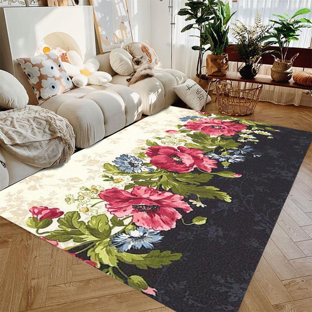Modern Art Floral Area Rug – Black White Non-Slip Floor Mat, Indoor Carpet for Living Room Entryway Decor