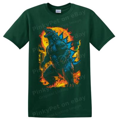 Godzilla Monster City Fire T Shirt W/ Blue Reptile Movie Art Graphic Tee Design