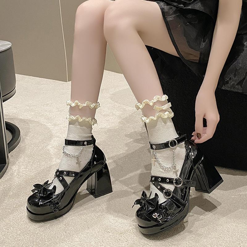 Comemore Bowknot Cute Mary Jane Shoes for Women Platform High Heeled Cross Strap Pumps Belt Buckle Lolita Shoes