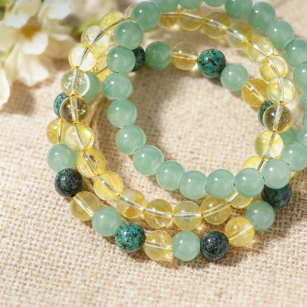 Festive Gifts Green Aventurine Golden Rutilated Quartz And Malachite Beaded Bracelet Set Natural Fashion Jewelry Daily Wear Simple Versatile Accessory