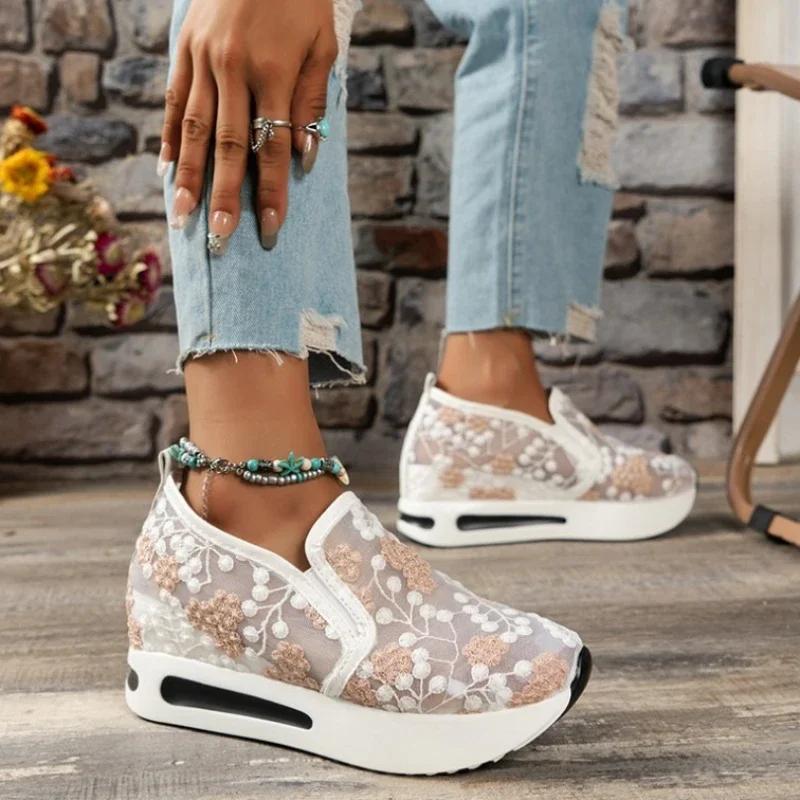 Dames Kilesko Blokkhæl Sandaler Nettoverdel Damesko Tykksåle Sneakers Pustende Fritidssko Snøring Tenis De Mujer