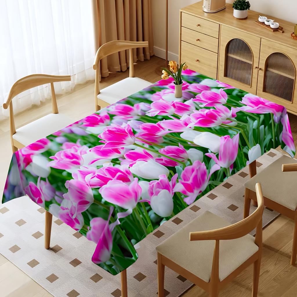 1 Rectangular Tablecloth, Spring-Summer Tulip Floral Pattern Table Decoration Tablecloth, Machine Washable Tablecloth, Suitable for Indoor and Outdoor