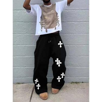 Trendy Mens Black Wide Leg Pants Large White Cross Print Street Hip-Hop Pants Loose Casual