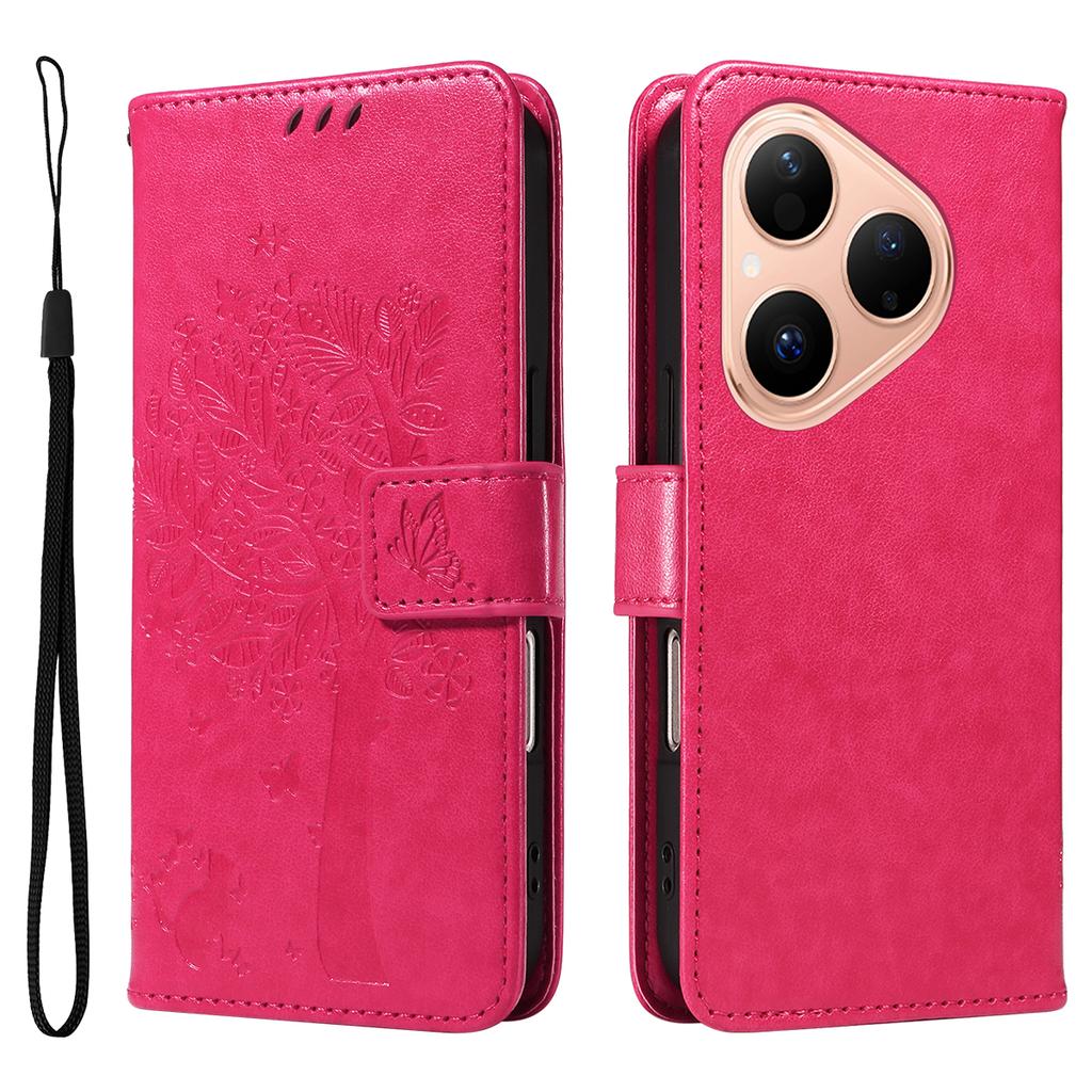 För Huawei Pura 80 Telefonfodral med Ställ Kattträdsmönster Läder Plånbok Mobilskydd