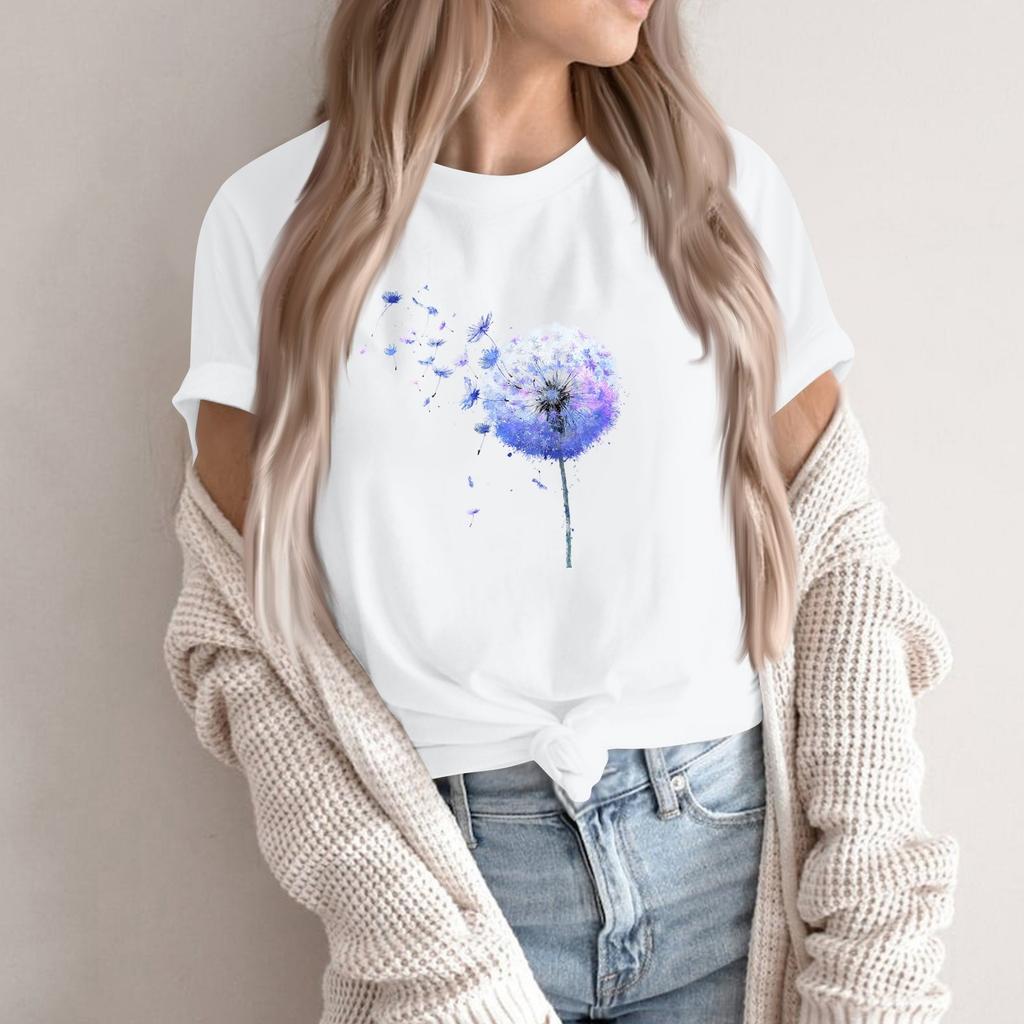 Women's Fashion Casual Printed Round Neck Short Sleeved Pullover T-Shirt Top