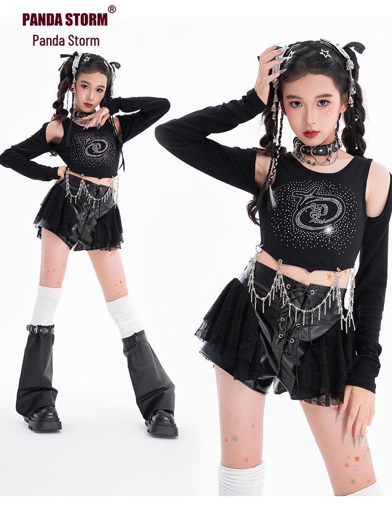 Girls' Trendy Sequin Rhinestone Dance Set: Long Sleeve T-Shirt and Pants for Street Dance Performance