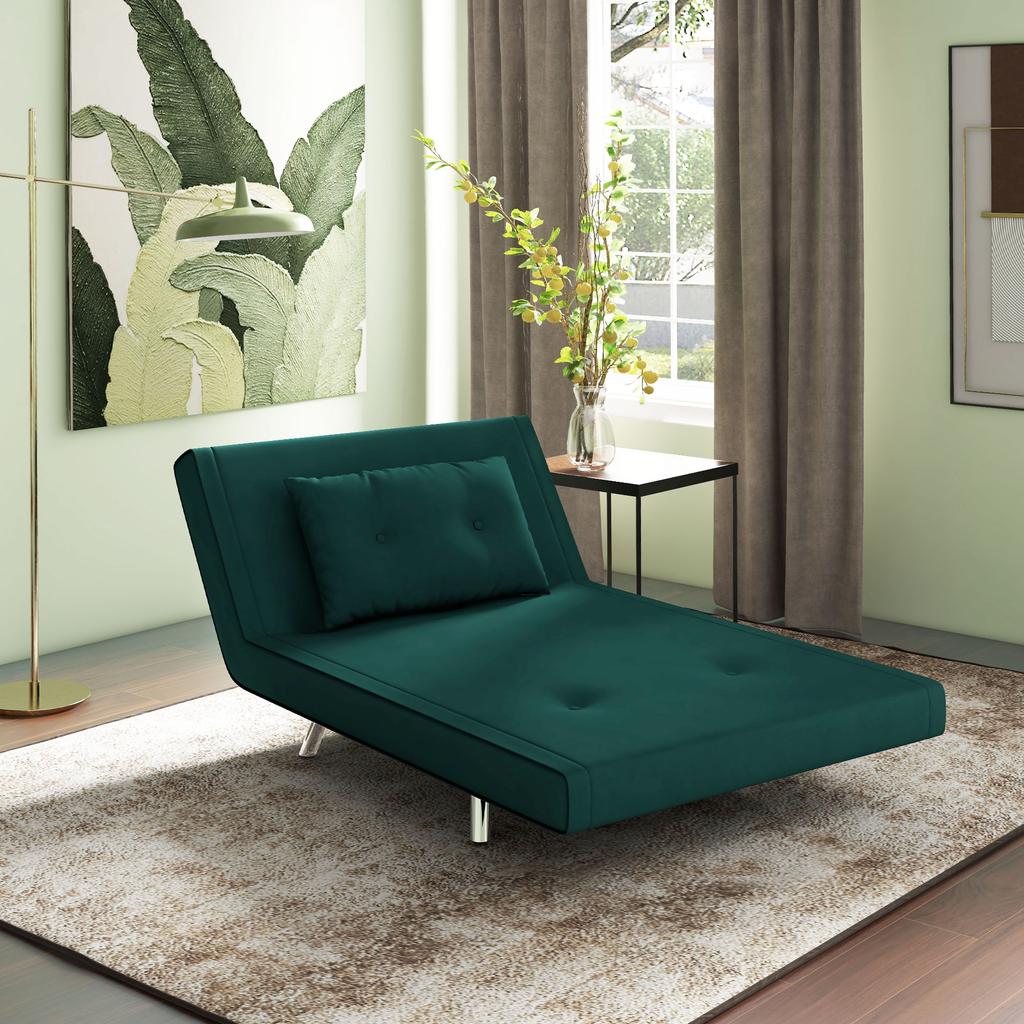 Single Bed Armchair 3 in 1, Reclining Armchair with 3 Levels with Velvet Covering and Cushion, 100x88x83cm, Dark Green