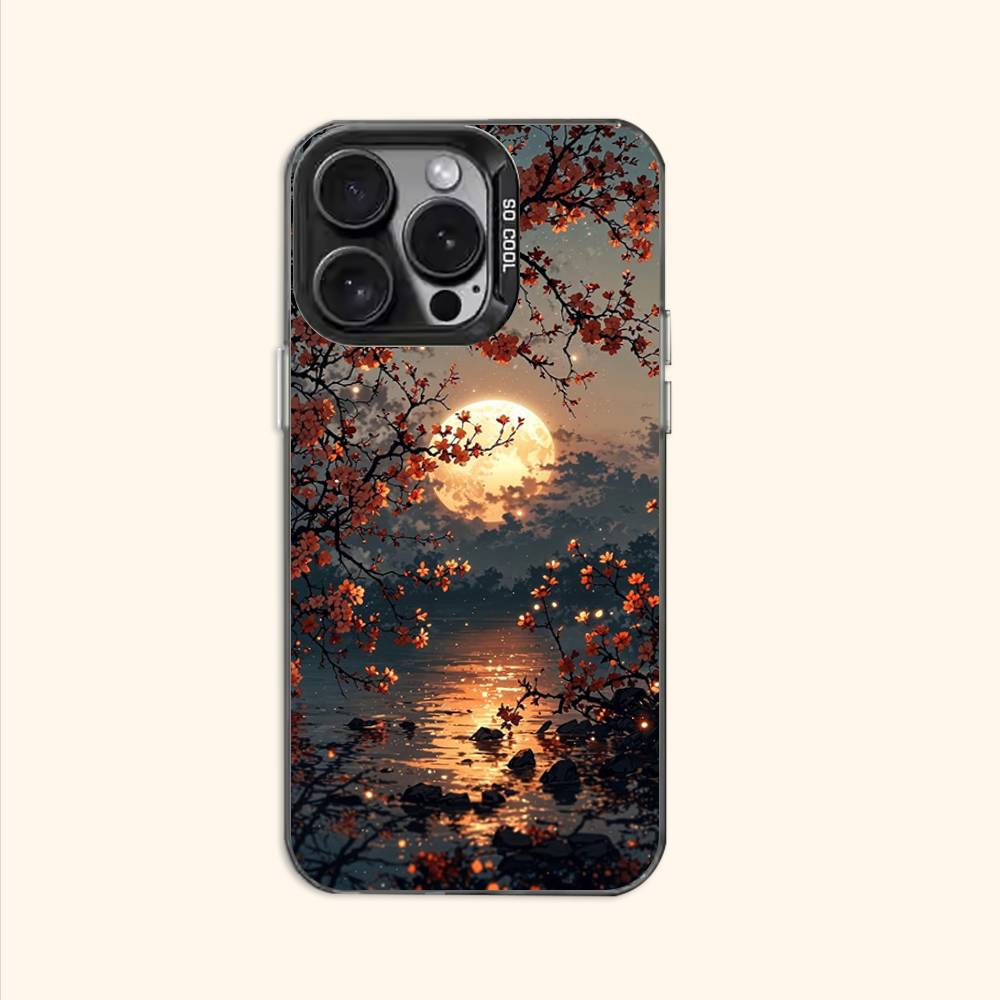 Moon and Flowers Case for iPhone 11 12 13 14 15 16 17 Pro Max XS X XR Cover