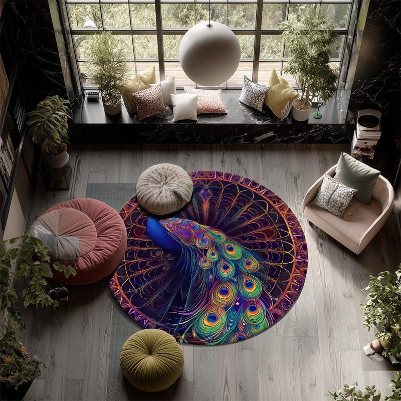 Animals in a Circle Round Area Rug,Carpet Rug for Living Room Bedroom Sofa Playroom Decor,Non-slip Floor Mat