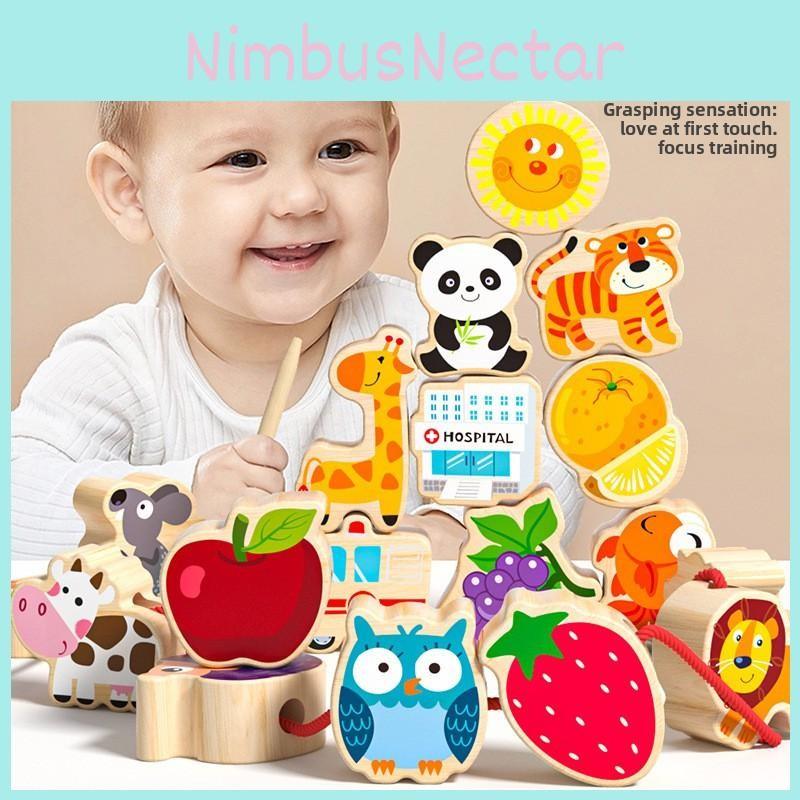 Children Wooden Stacking Blocks Toys Animal And Fruit Beads For Cognitive Play