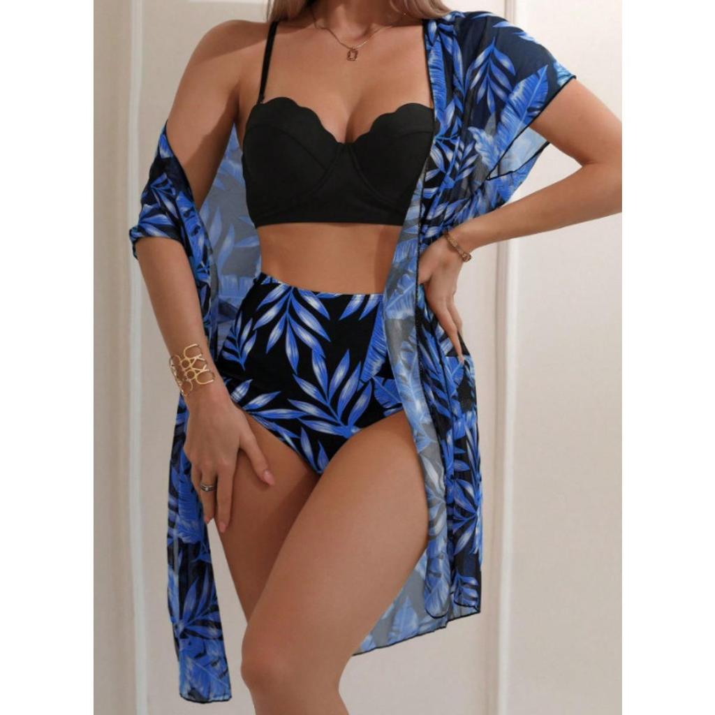 1 Set Badpak Bladprint Hoge Taille Mesh Jas Driehoek Slank Makende Bikini Badpak Dames Set