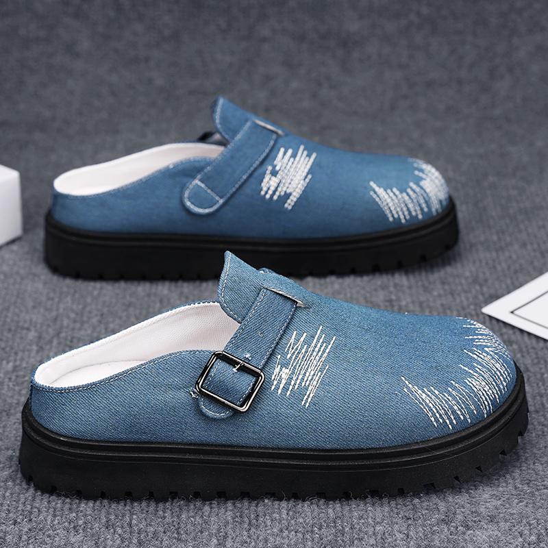Thick Bottom Half Shoes For Men Mules Denim Platform Closed Toe Sandals Slip On Backless Loafers Slipper Semi-Drag Casual Shoes