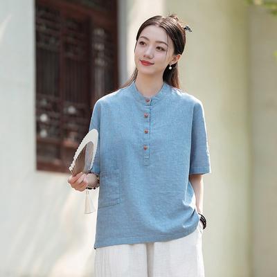 Damen Vintage Stehkragen T-Shirts Einfarbige Sommer-Knopfleiste Patchwork-Taschen Stoffe Sommer-T-Shirts