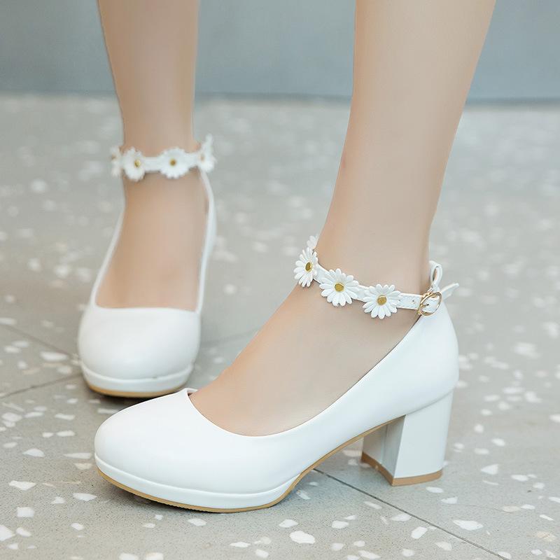 White Wedding Party Girls High Heels Pink Chunky High Heel Lolita Shoes Female Princess Flower Ankle Buckle Women Pumps 30-43