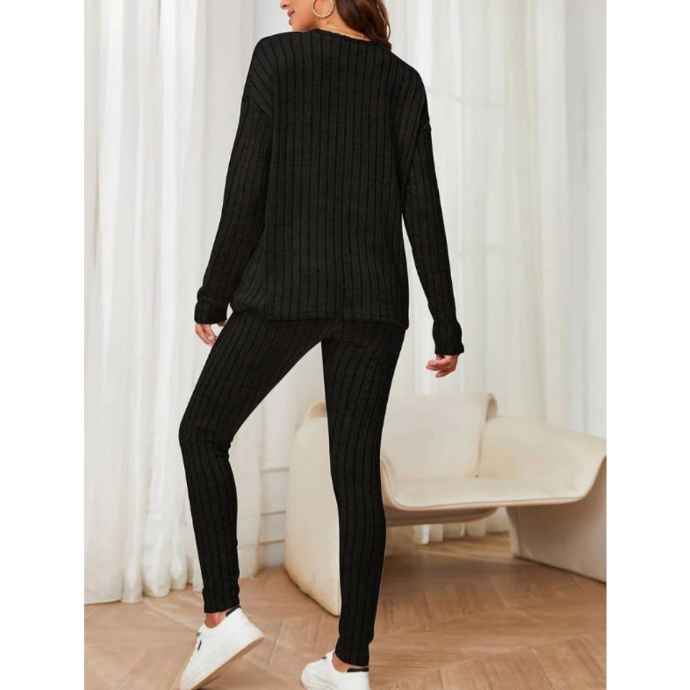 2 Piece Set Women Autumn New Fashion Casual Elegant Loose Crew Neck Ribbed Knit Outfit