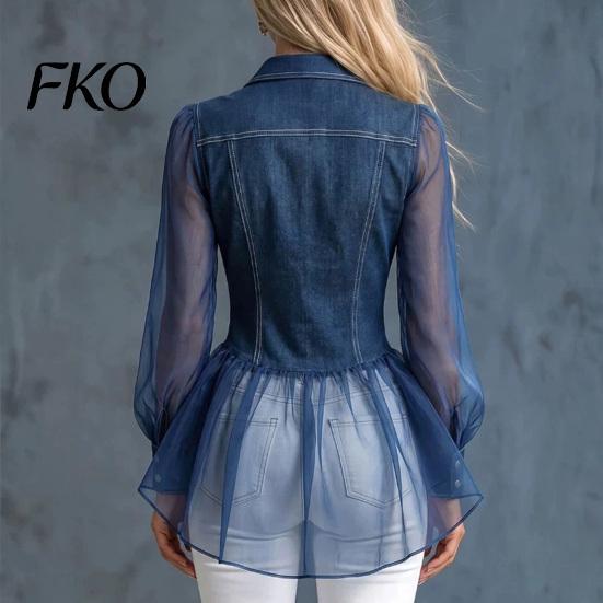 Women Mesh Detail Top Imitation Denim Tops for Women, Lapel Long Sleeve Shirt, Faux Blouse Patchwork Hem Blouse, Slim Fit Casual Work Party Date