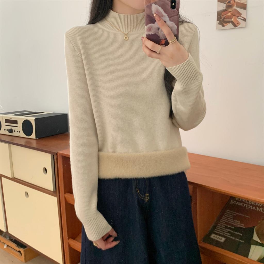 Winter 2025 semi-turtleneck knitted sweater women's thickened integrated fleece warm inner top simple solid color bottoming shirt