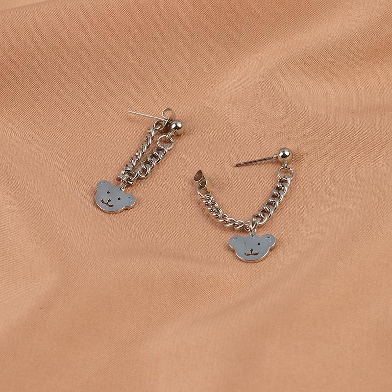 925 Sterling Silver Bear Chain Stud Earrings for Women - Korean Style, Simple & Sweet Niche Design 